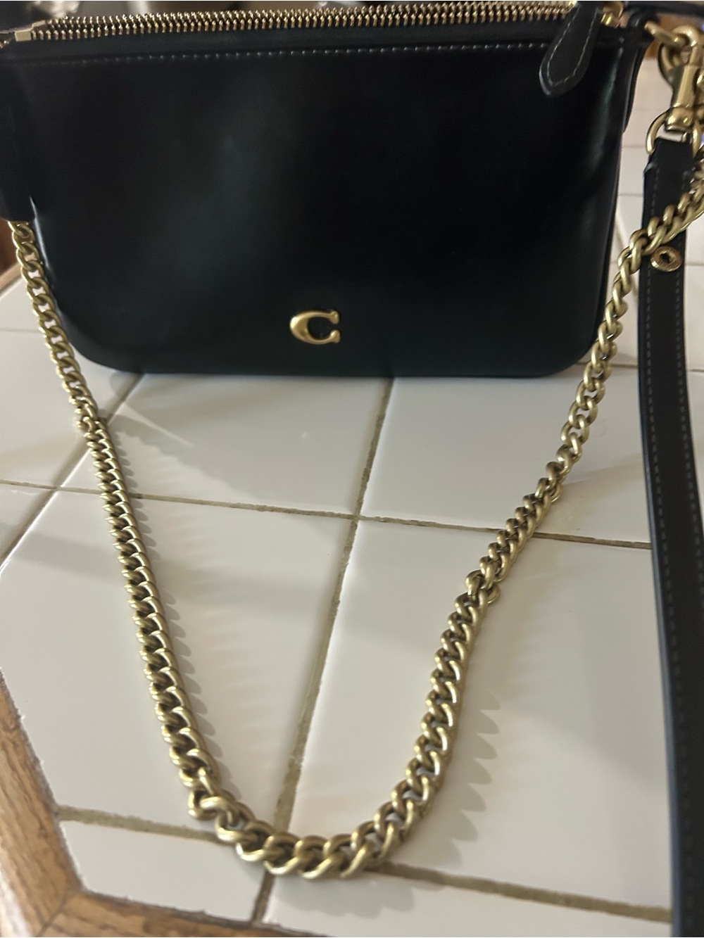 Coach Black Leather Barrel Crossbody Bag with Gold Chain